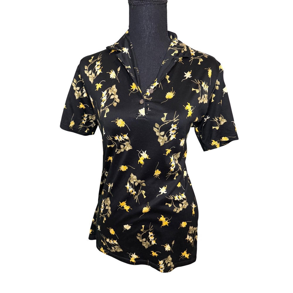 Bobby Jones Womens Polo Shirt Medium Black Yellow Floral Cotton Made in Italy